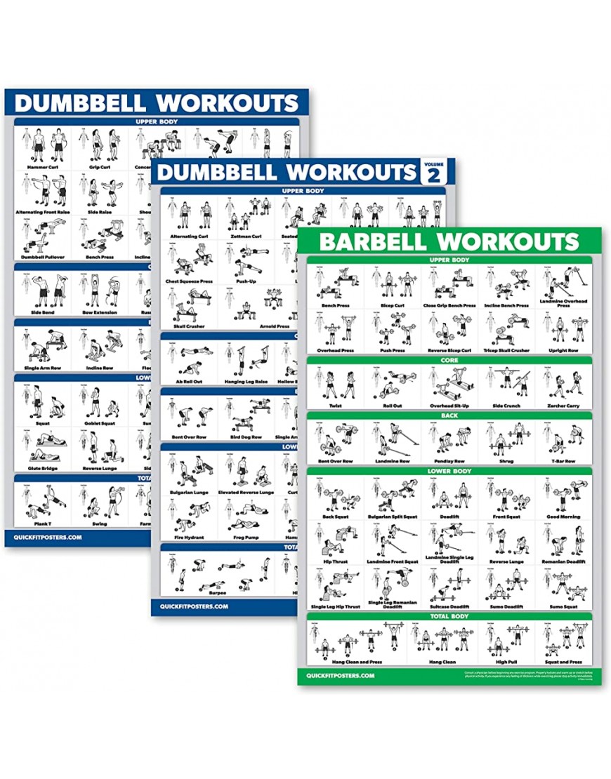 3er-Pack: Hantel-Workout-Poster Volume 1 & 2 + Langhantel-Übungen – Set mit 3 Trainingstabellen laminiert 45,7 x 61 cm - BLTKZ25D
