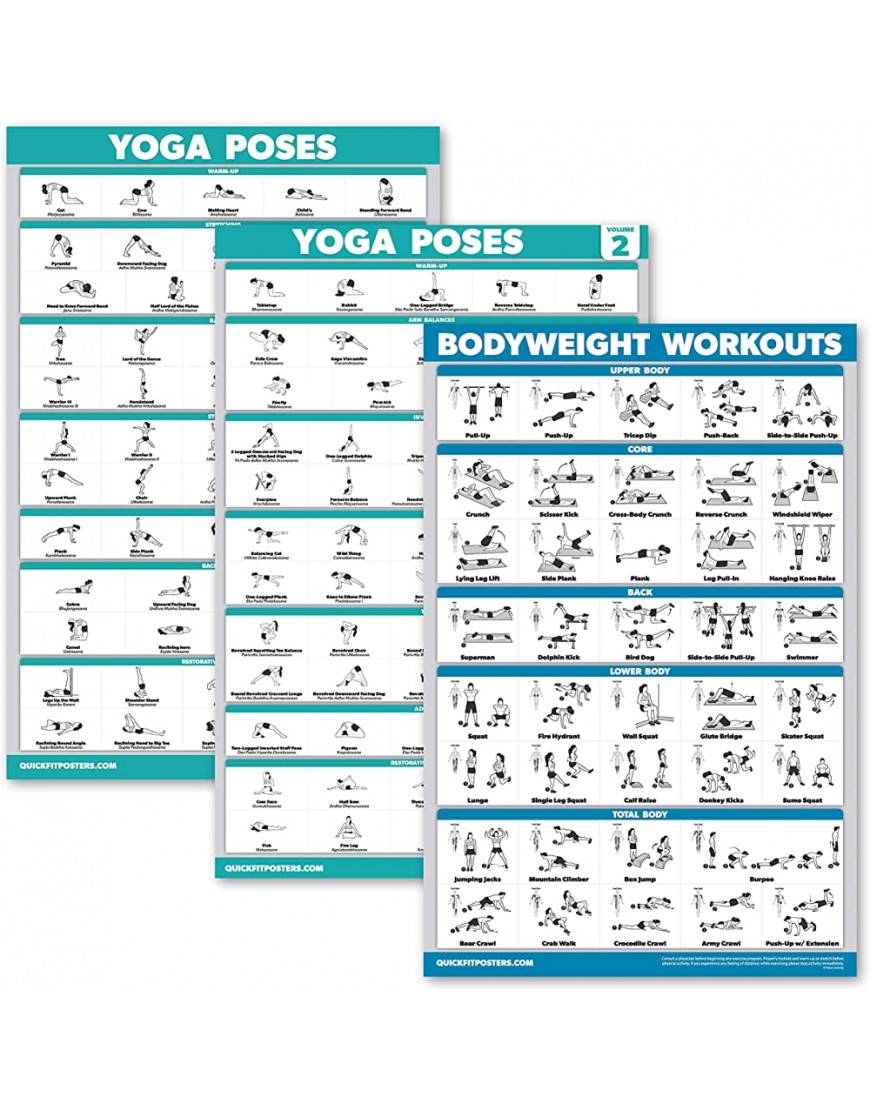 3er-Pack: Yoga Poses Volume 1 & 2 + Bodyweight Übungen Poster Set – Set mit 3 Workout Charts laminiert 45,7 x 61 cm - BFULEBAJ