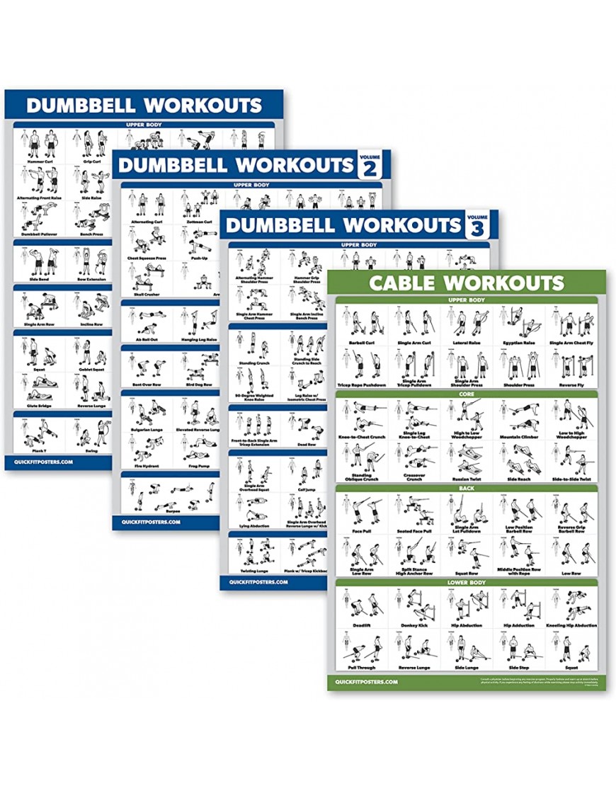 4 Stück – Hantel-Workout-Poster Volume 1 2 & 3 + Kabeltrainingstabelle – Set mit 4 Postern laminiert 45,7 x 61 cm - BWYIEMAK