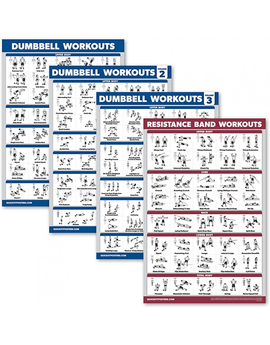 4 Stück – Hantel-Workout-Poster Volume 1 2 & 3 + Widerstandsbänder Übungstabelle – Set mit 4 Postern laminiert 45,7 x 61 cm - BUZHP4KV