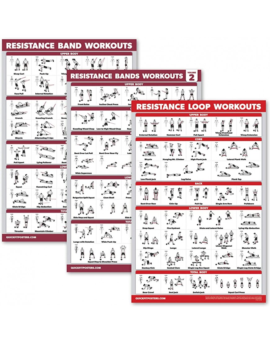 Palace Learning 3er-Pack: Resistance Bands Workouts Volume 1 & 2 + Resistance Loops Übungen Poster Set – 3 Stück Workout Charts - BIXULKAB
