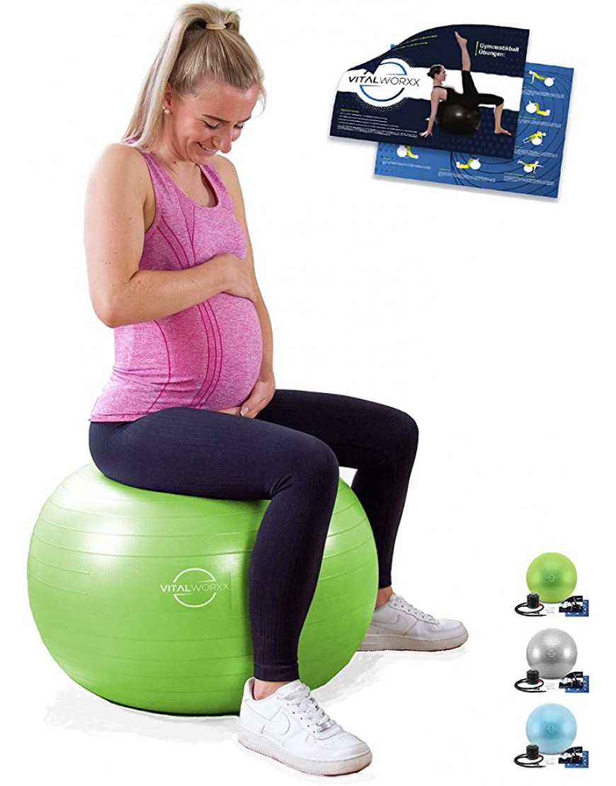 VITALWORXX Gymnastikball für Schwangere extrem stabil Sitzball Yogaball Pezziball 65 cm mit Pumpe mit Übungen für Schwangerschaft Geburt Gesundheit Yoga Fitness Büro Arbeit Erholung Pilates - B09M6YRH1T