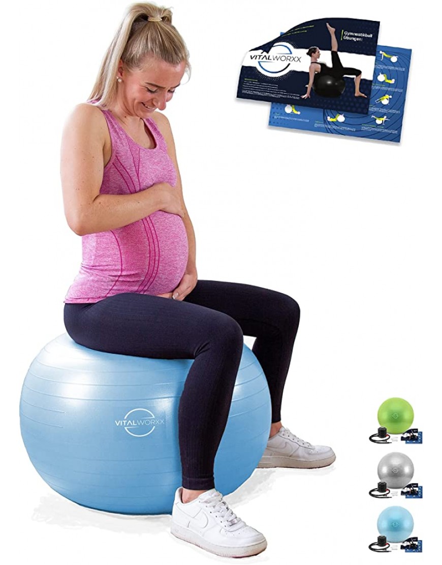 VITALWORXX Gymnastikball für Schwangere extrem stabil Sitzball Yogaball Pezziball 65 cm mit Pumpe mit Übungen für Schwangerschaft Geburt Gesundheit Yoga Fitness Büro Arbeit Erholung Pilates - B09M6WNKYK