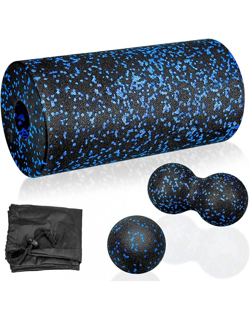 iRenXiao 3-teiliges Faszienrolle Schaumstoffrolle Premium Foamroller Set Faszienball + Faszienduoball mit Tasche Massagerolle zum Faszien Training von Muskeln Schwarz+Blau - BDPVF3NJ